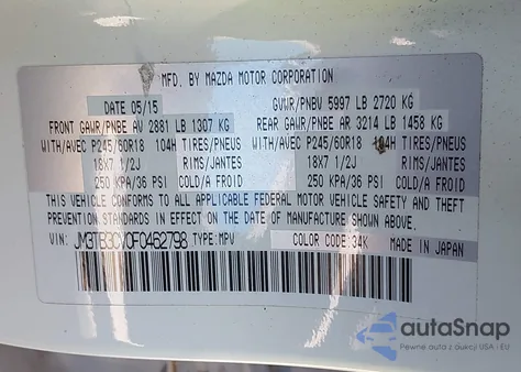 2015 Mazda Cx-9 Touring из США, поврежденный, VIN JM3TB3CV0F0462798